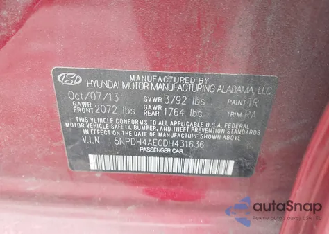 2013 Hyundai Elantra Gls z USA, uszkodzony, nr VIN 5NPDH4AE0DH431636